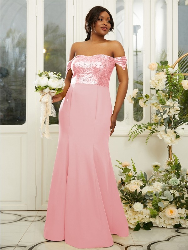 Sheath/Column Stretch Crepe Sequin Off-the-Shoulder Sleeveless Floor-Length Bridesmaid Dresses 3200