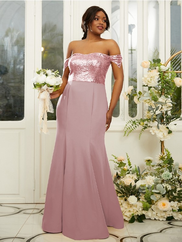 Sheath/Column Stretch Crepe Sequin Off-the-Shoulder Sleeveless Floor-Length Bridesmaid Dresses 3200