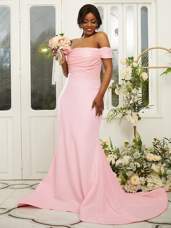 Sheath/Column Stretch Crepe Ruched Off-the-Shoulder Sleeveless Sweep/Brush Train Bridesmaid Dresses 3160