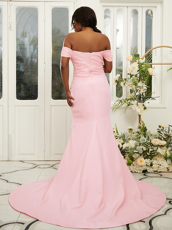 Sheath/Column Stretch Crepe Ruched Off-the-Shoulder Sleeveless Sweep/Brush Train Bridesmaid Dresses 3160