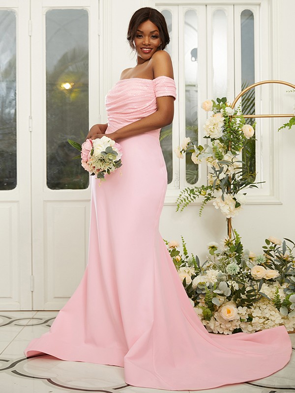 Sheath/Column Stretch Crepe Ruched Off-the-Shoulder Sleeveless Sweep/Brush Train Bridesmaid Dresses 3160