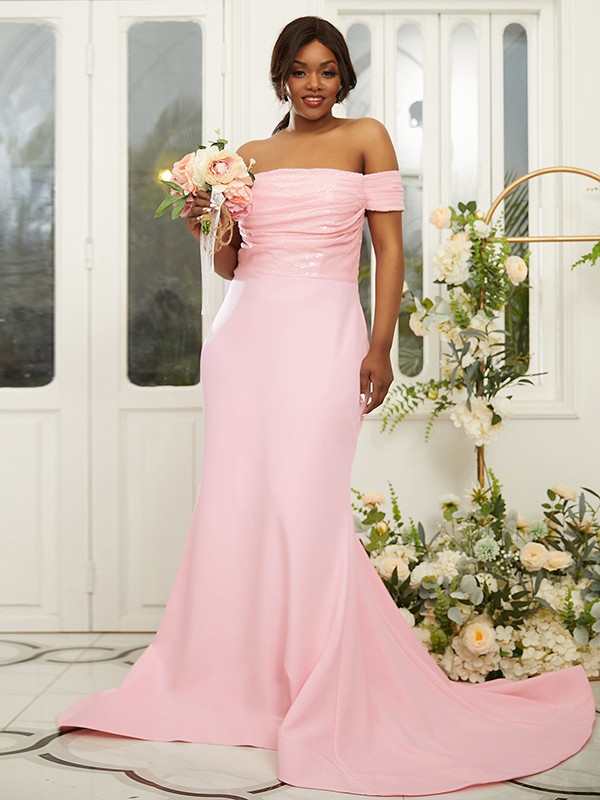 Sheath/Column Stretch Crepe Ruched Off-the-Shoulder Sleeveless Sweep/Brush Train Bridesmaid Dresses 3160