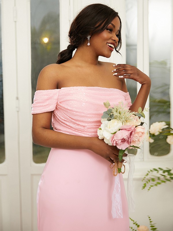 Sheath/Column Stretch Crepe Ruched Off-the-Shoulder Sleeveless Sweep/Brush Train Bridesmaid Dresses 3160