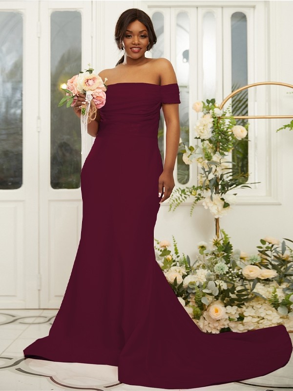 Sheath/Column Stretch Crepe Ruched Off-the-Shoulder Sleeveless Sweep/Brush Train Bridesmaid Dresses 3160