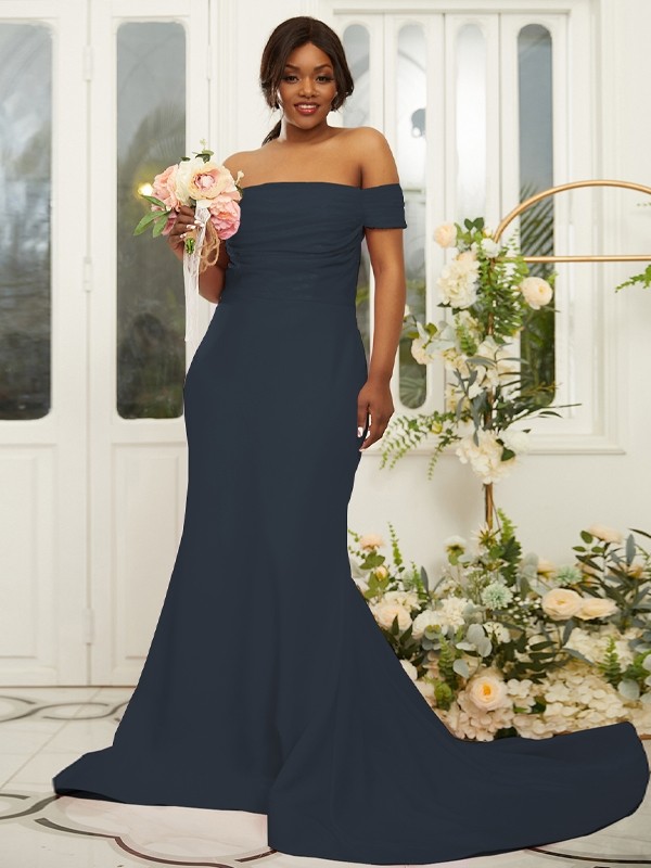 Sheath/Column Stretch Crepe Ruched Off-the-Shoulder Sleeveless Sweep/Brush Train Bridesmaid Dresses 3160