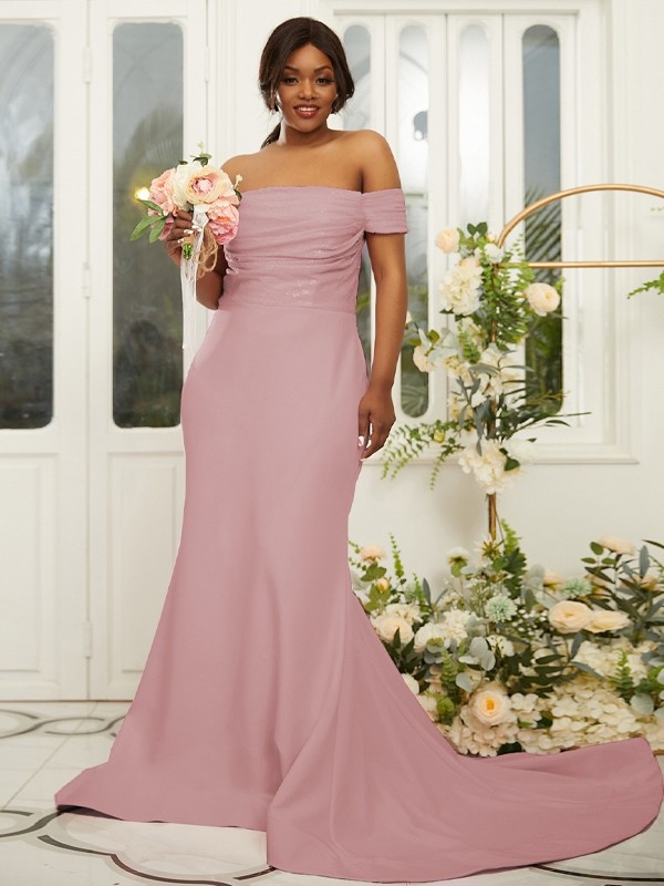 Sheath/Column Stretch Crepe Ruched Off-the-Shoulder Sleeveless Sweep/Brush Train Bridesmaid Dresses 3160