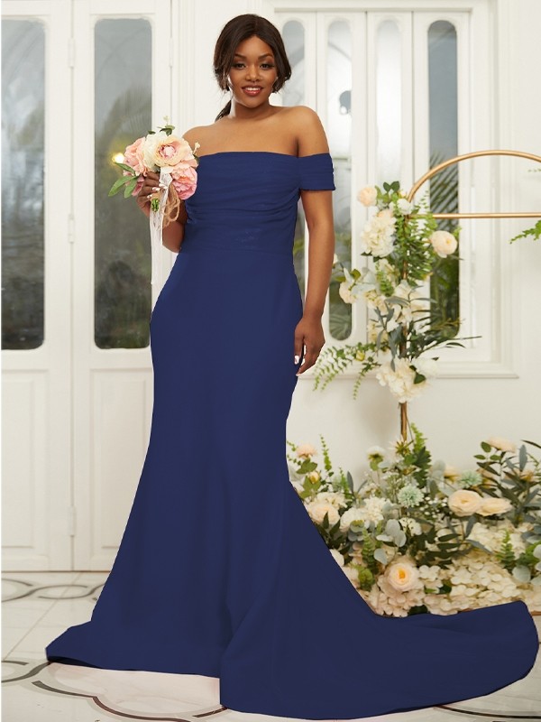 Sheath/Column Stretch Crepe Ruched Off-the-Shoulder Sleeveless Sweep/Brush Train Bridesmaid Dresses 3160