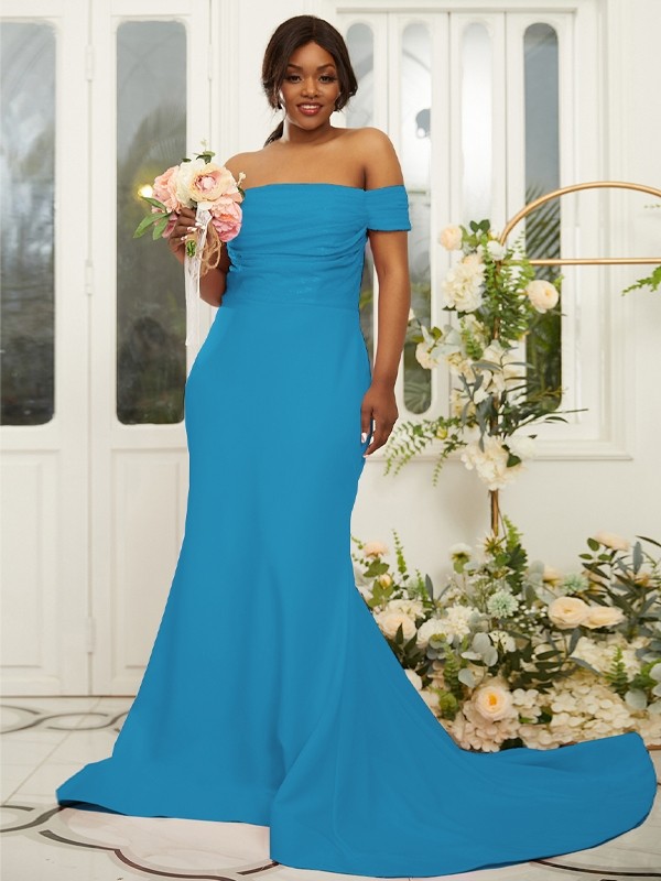 Sheath/Column Stretch Crepe Ruched Off-the-Shoulder Sleeveless Sweep/Brush Train Bridesmaid Dresses 3160