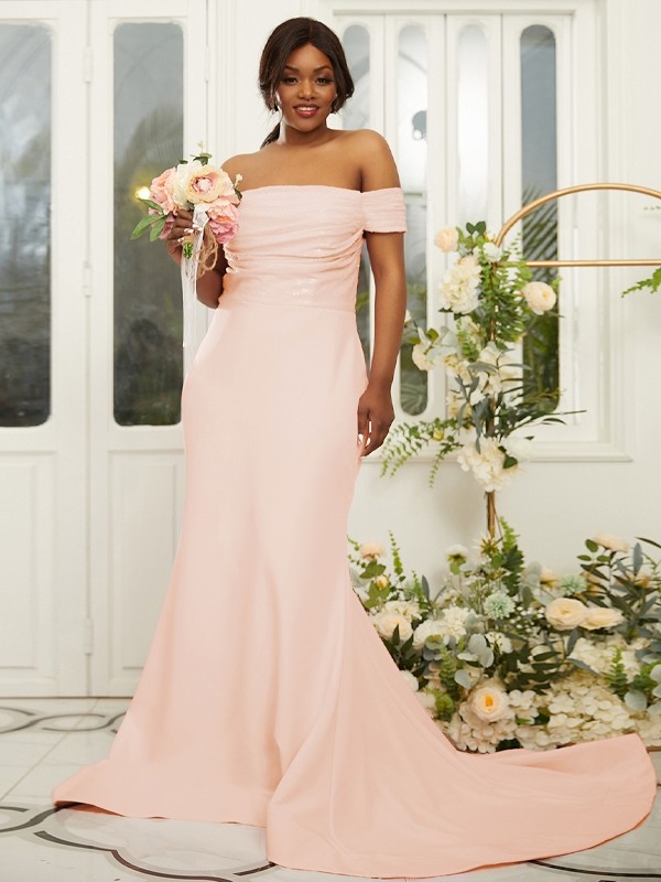 Sheath/Column Stretch Crepe Ruched Off-the-Shoulder Sleeveless Sweep/Brush Train Bridesmaid Dresses 3160