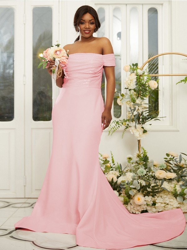 Sheath/Column Stretch Crepe Ruched Off-the-Shoulder Sleeveless Sweep/Brush Train Bridesmaid Dresses 3160