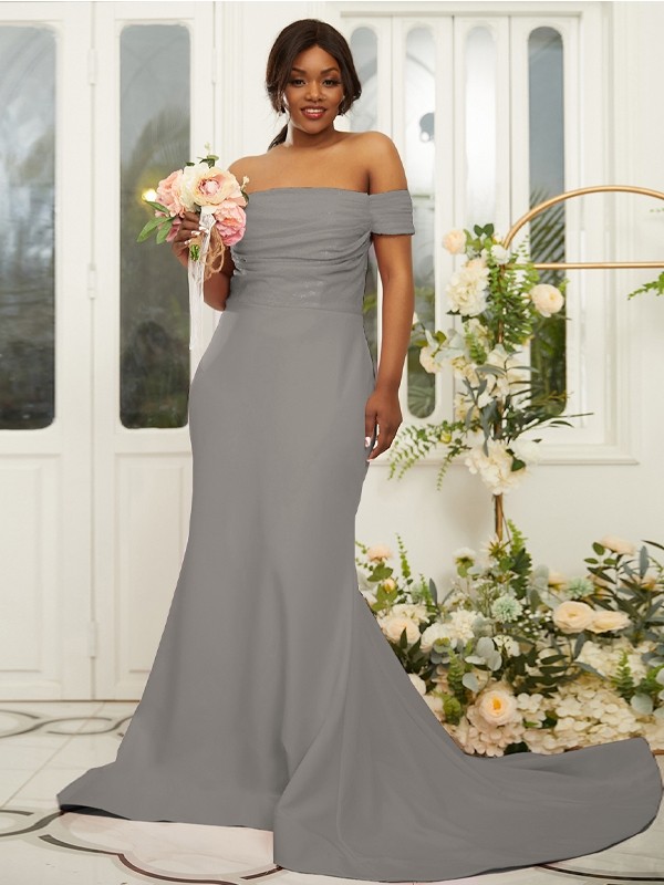 Sheath/Column Stretch Crepe Ruched Off-the-Shoulder Sleeveless Sweep/Brush Train Bridesmaid Dresses 3160