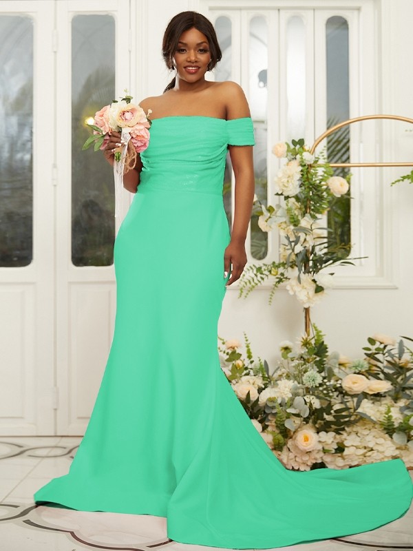 Sheath/Column Stretch Crepe Ruched Off-the-Shoulder Sleeveless Sweep/Brush Train Bridesmaid Dresses 3160