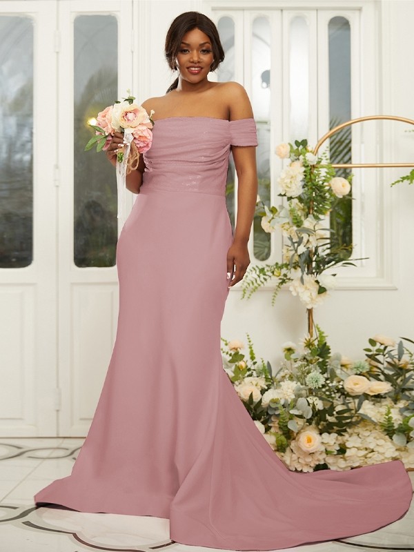 Sheath/Column Stretch Crepe Ruched Off-the-Shoulder Sleeveless Sweep/Brush Train Bridesmaid Dresses 3160