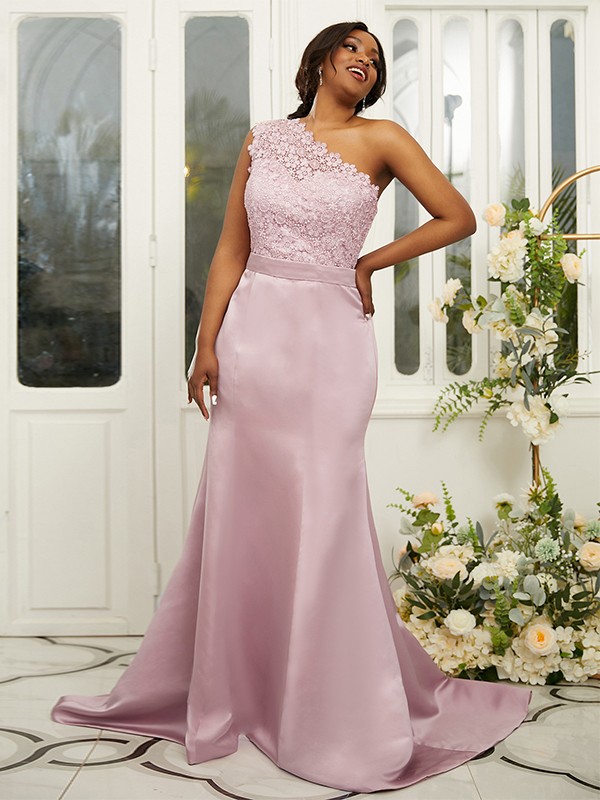 Sheath/Column Satin Lace One-Shoulder Sleeveless Sweep/Brush Train Bridesmaid Dresses 3017