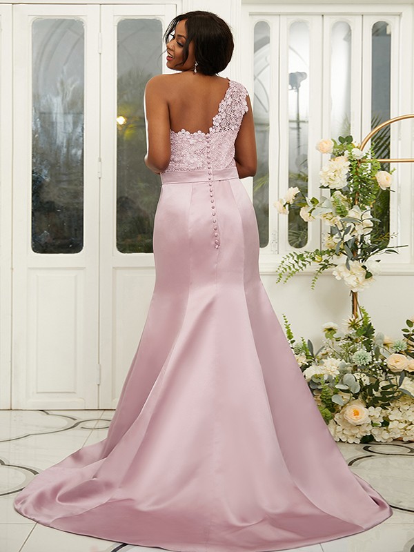 Sheath/Column Satin Lace One-Shoulder Sleeveless Sweep/Brush Train Bridesmaid Dresses 3017