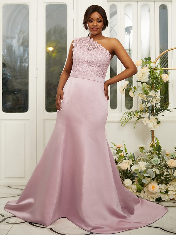 Sheath/Column Satin Lace One-Shoulder Sleeveless Sweep/Brush Train Bridesmaid Dresses 3017