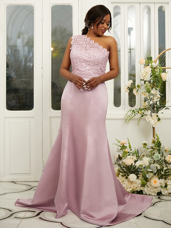 Sheath/Column Satin Lace One-Shoulder Sleeveless Sweep/Brush Train Bridesmaid Dresses 3017