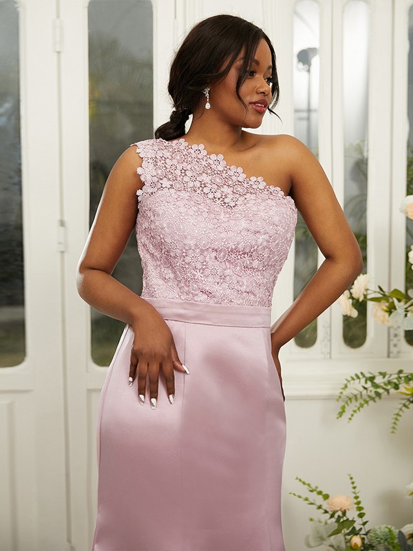 Sheath/Column Satin Lace One-Shoulder Sleeveless Sweep/Brush Train Bridesmaid Dresses 3017