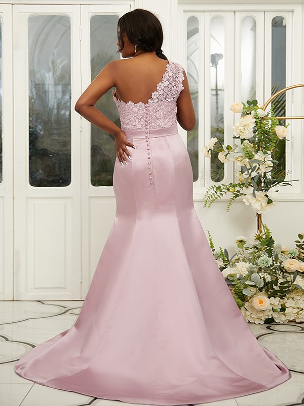 Sheath/Column Satin Lace One-Shoulder Sleeveless Sweep/Brush Train Bridesmaid Dresses 3017