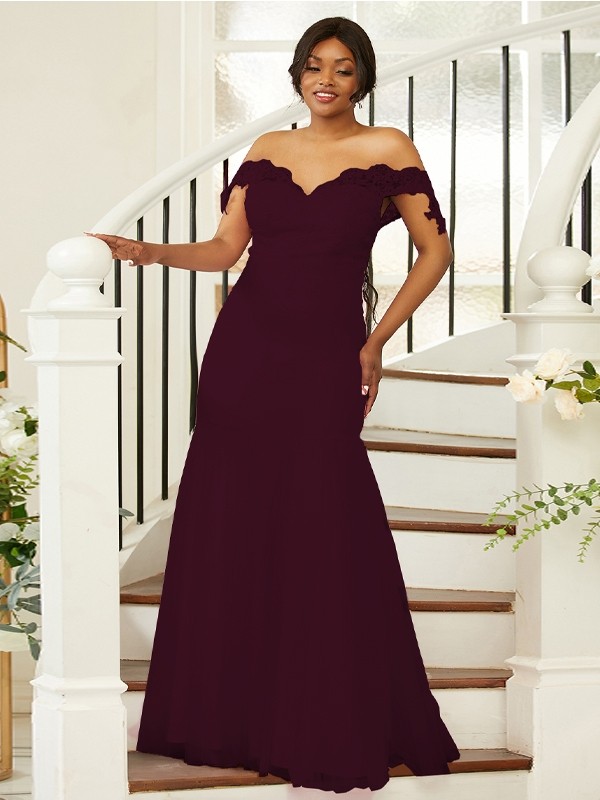 Sheath/Column Stretch Crepe Lace Off-the-Shoulder Sleeveless Floor-Length Bridesmaid Dresses 3151