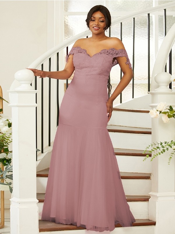 Sheath/Column Stretch Crepe Lace Off-the-Shoulder Sleeveless Floor-Length Bridesmaid Dresses 3151