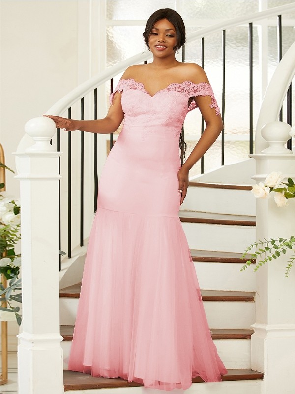 Sheath/Column Stretch Crepe Lace Off-the-Shoulder Sleeveless Floor-Length Bridesmaid Dresses 3151