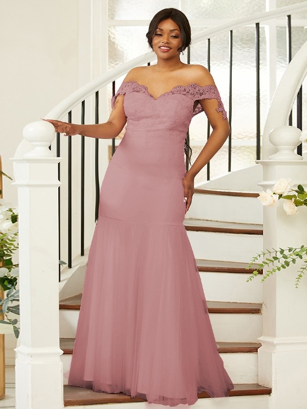 Sheath/Column Stretch Crepe Lace Off-the-Shoulder Sleeveless Floor-Length Bridesmaid Dresses 3151