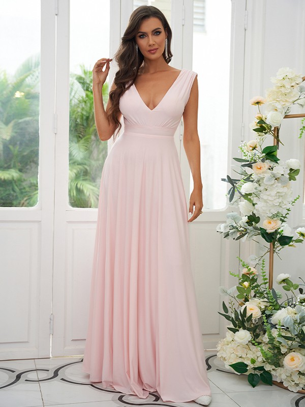 A-Line/Princess Jersey Ruffles V-neck Sleeveless Floor-Length Bridesmaid Dresses 2330