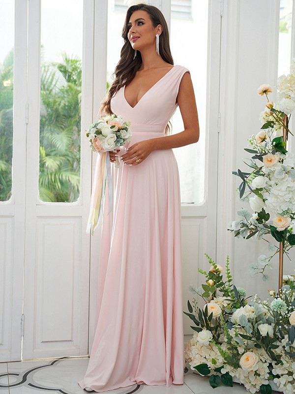 A-Line/Princess Jersey Ruffles V-neck Sleeveless Floor-Length Bridesmaid Dresses 2330