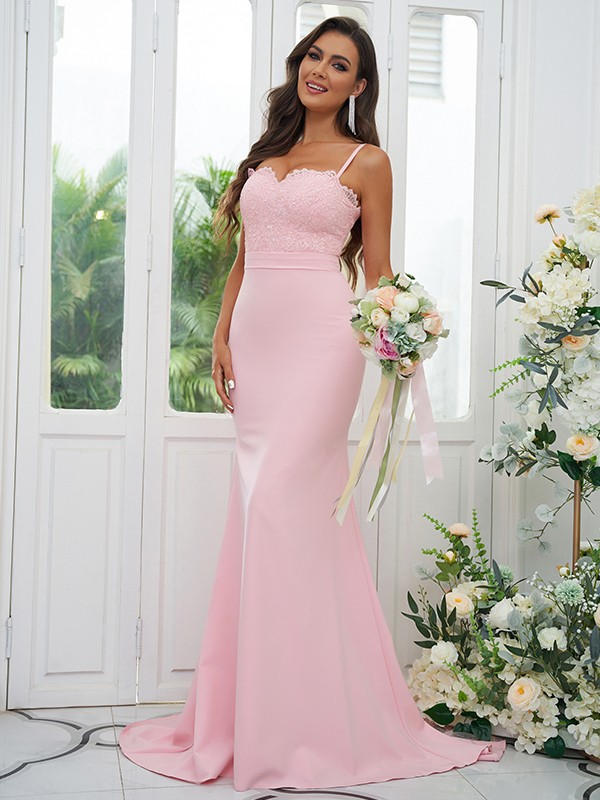 Sheath/Column Stretch Crepe Lace Spaghetti Straps Sleeveless Sweep/Brush Train Bridesmaid Dresses 3154