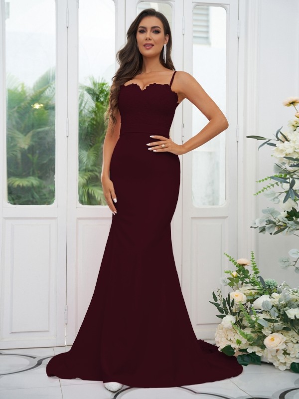 Sheath/Column Stretch Crepe Lace Spaghetti Straps Sleeveless Sweep/Brush Train Bridesmaid Dresses 3154