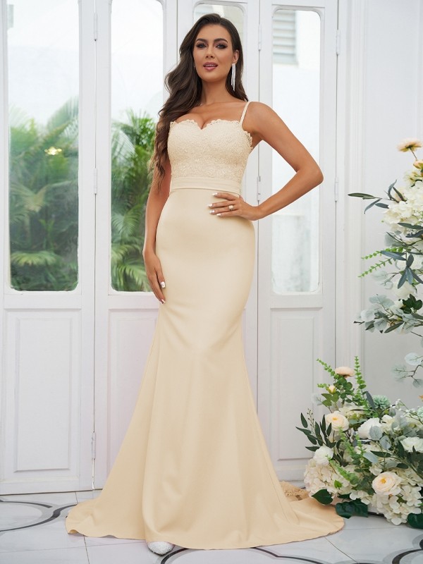 Sheath/Column Stretch Crepe Lace Spaghetti Straps Sleeveless Sweep/Brush Train Bridesmaid Dresses 3154