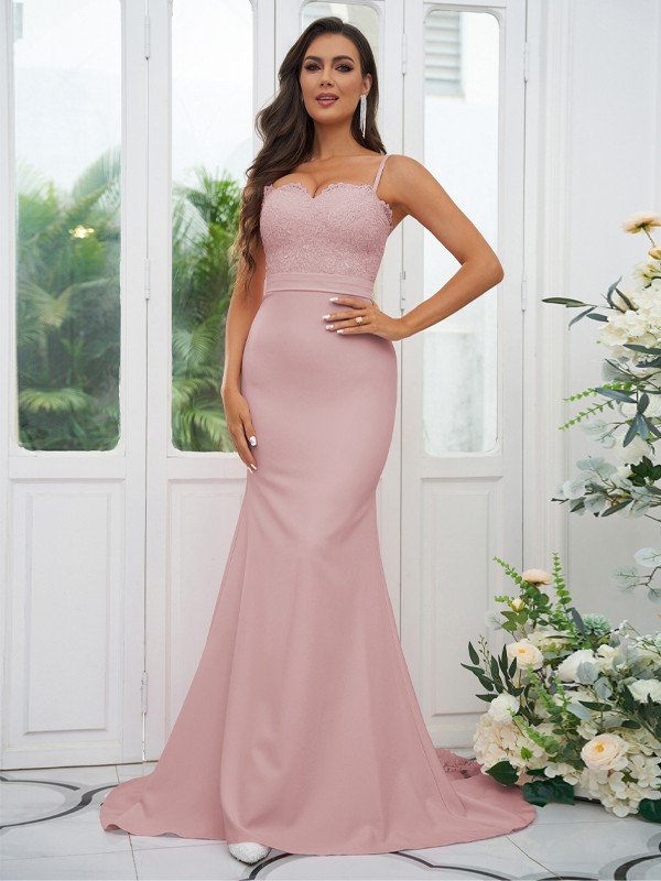 Sheath/Column Stretch Crepe Lace Spaghetti Straps Sleeveless Sweep/Brush Train Bridesmaid Dresses 3154