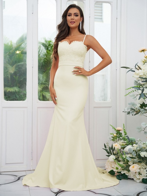 Sheath/Column Stretch Crepe Lace Spaghetti Straps Sleeveless Sweep/Brush Train Bridesmaid Dresses 3154