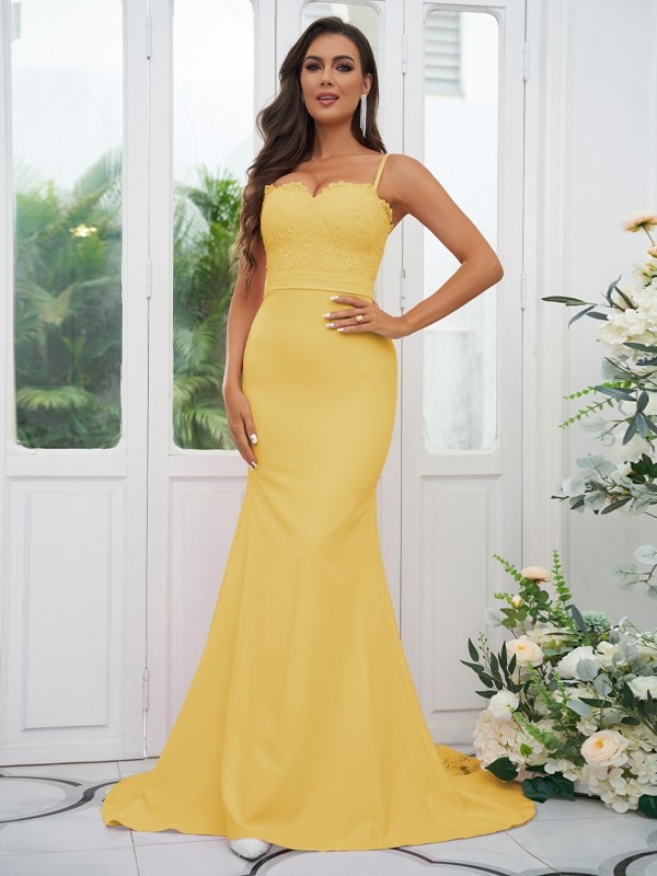 Sheath/Column Stretch Crepe Lace Spaghetti Straps Sleeveless Sweep/Brush Train Bridesmaid Dresses 3154