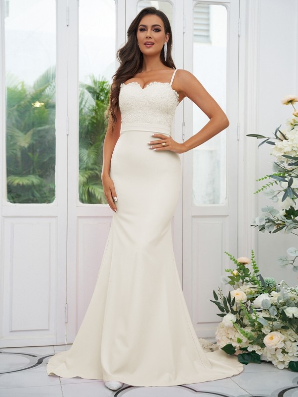 Sheath/Column Stretch Crepe Lace Spaghetti Straps Sleeveless Sweep/Brush Train Bridesmaid Dresses 3154