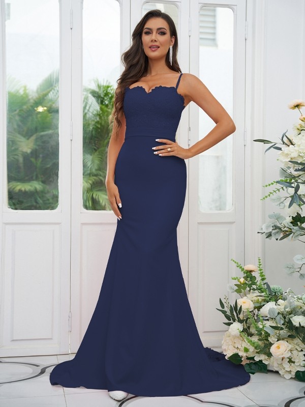 Sheath/Column Stretch Crepe Lace Spaghetti Straps Sleeveless Sweep/Brush Train Bridesmaid Dresses 3154