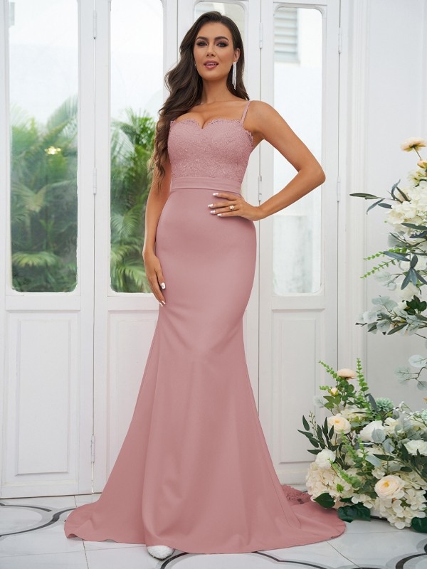 Sheath/Column Stretch Crepe Lace Spaghetti Straps Sleeveless Sweep/Brush Train Bridesmaid Dresses 3154