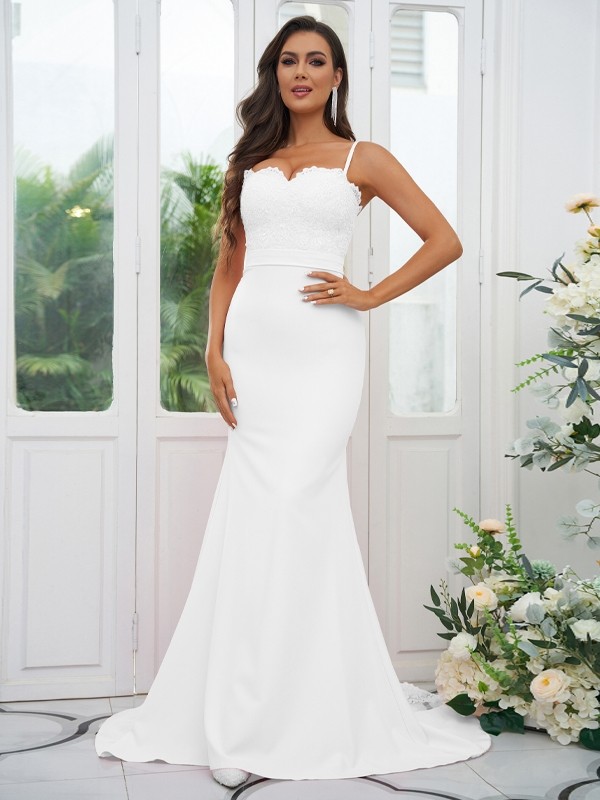 Sheath/Column Stretch Crepe Lace Spaghetti Straps Sleeveless Sweep/Brush Train Bridesmaid Dresses 3154