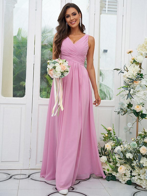 A-Line/Princess Chiffon Ruffles V-neck Sleeveless Floor-Length Bridesmaid Dresses 2236