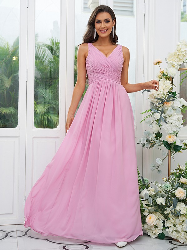 A-Line/Princess Chiffon Ruffles V-neck Sleeveless Floor-Length Bridesmaid Dresses 2236