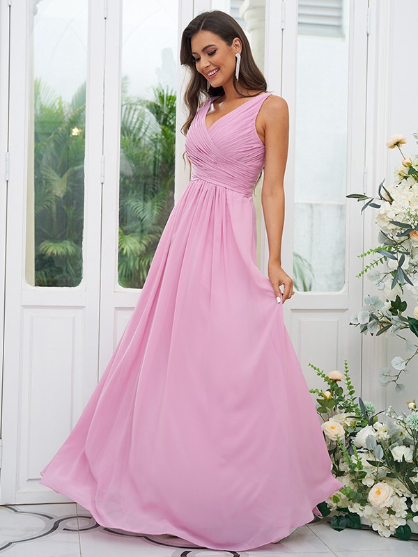 A-Line/Princess Chiffon Ruffles V-neck Sleeveless Floor-Length Bridesmaid Dresses 2236