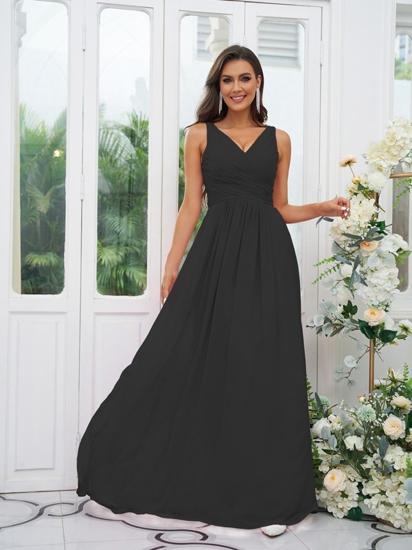 A-Line/Princess Chiffon Ruffles V-neck Sleeveless Floor-Length Bridesmaid Dresses 2236