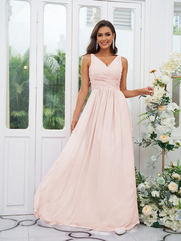 A-Line/Princess Chiffon Ruffles V-neck Sleeveless Floor-Length Bridesmaid Dresses 2236