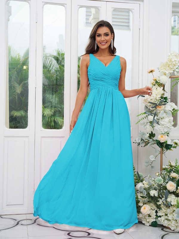 A-Line/Princess Chiffon Ruffles V-neck Sleeveless Floor-Length Bridesmaid Dresses 2236