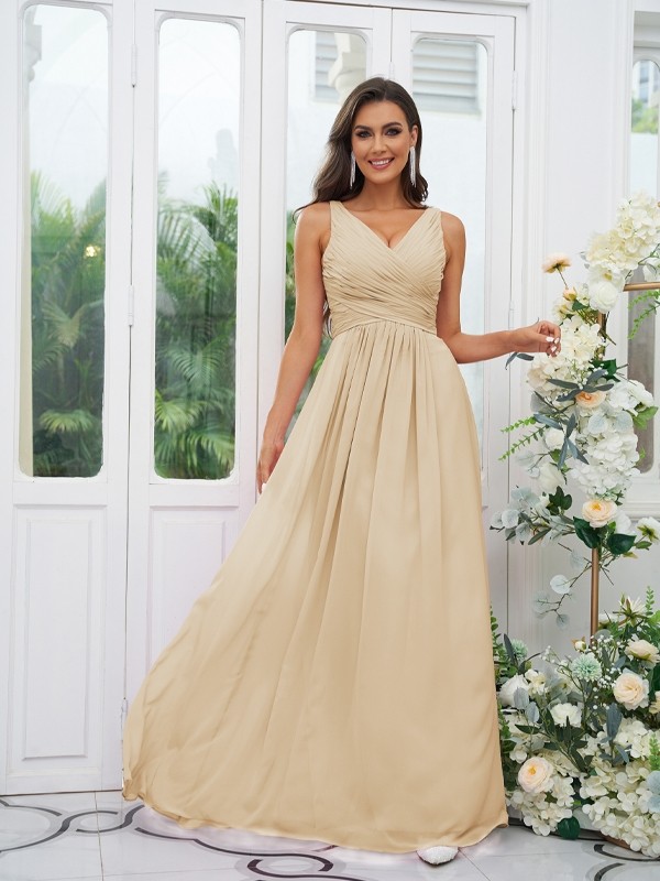 A-Line/Princess Chiffon Ruffles V-neck Sleeveless Floor-Length Bridesmaid Dresses 2236