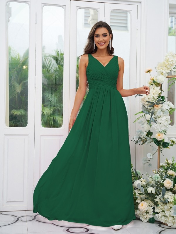 A-Line/Princess Chiffon Ruffles V-neck Sleeveless Floor-Length Bridesmaid Dresses 2236