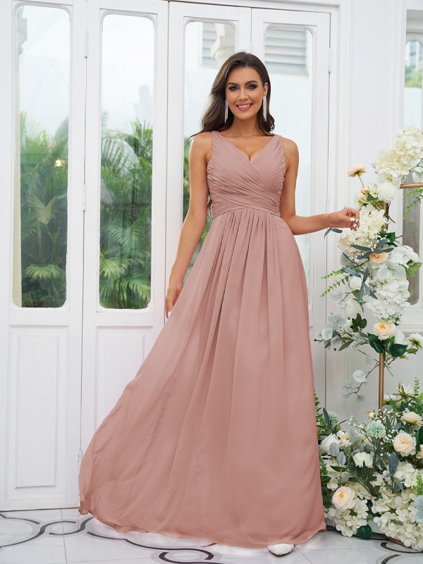 A-Line/Princess Chiffon Ruffles V-neck Sleeveless Floor-Length Bridesmaid Dresses 2236