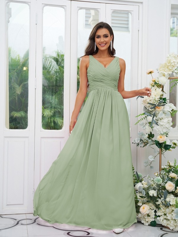 A-Line/Princess Chiffon Ruffles V-neck Sleeveless Floor-Length Bridesmaid Dresses 2236