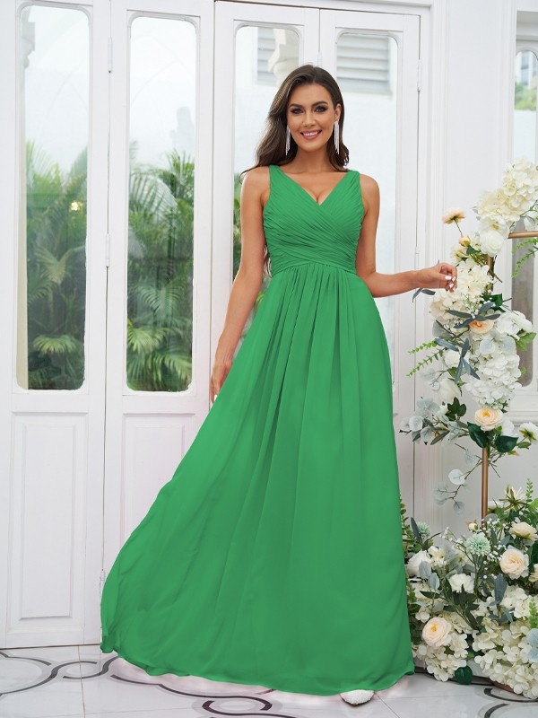 A-Line/Princess Chiffon Ruffles V-neck Sleeveless Floor-Length Bridesmaid Dresses 2236